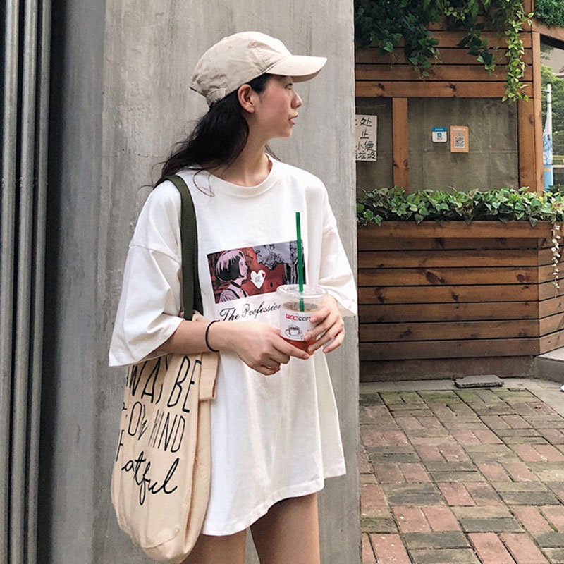 Áo thun XINLANYASHE tay ngắn dáng rộng in họa tiết kiểu Hàn Quốc thời trang mùa hè 2023 cho nữ