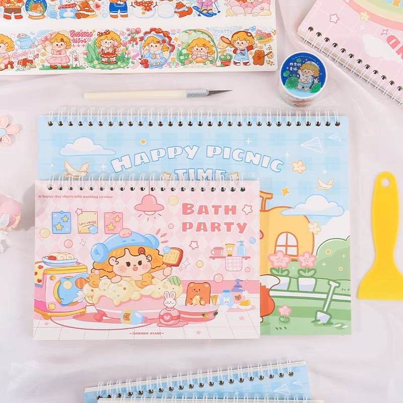 Sổ Chiết Sticker Washi Sổ Lò Xo 40 Tờ Hình Cô Gái Tóc Xoăn Dễ Thương