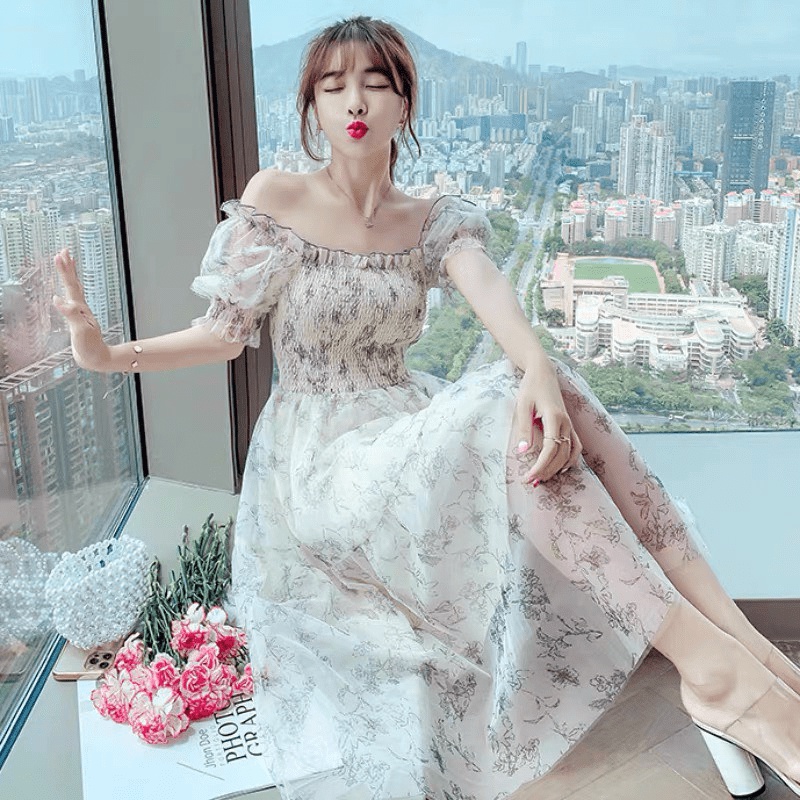 NGẬP TRÀN ƯU ĐÃI - ĐẦM VOAN MOCKING CỔ VUÔNG TAY NGẮN PHỒNG ÔM EO DÁNG DÀI CỰC NỮ TÍNH ĐI CHƠI DỰ TIỆC UP  SHOP HHP FASH