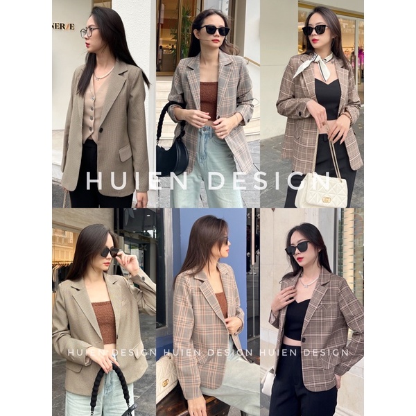 Áo blazer nữ 2 lớp dáng lỡ tay dài hoạ tiết kẻ Huien Design thời trang công sở trẻ trung, áo vest nữ Hàn Quốc màu sắc