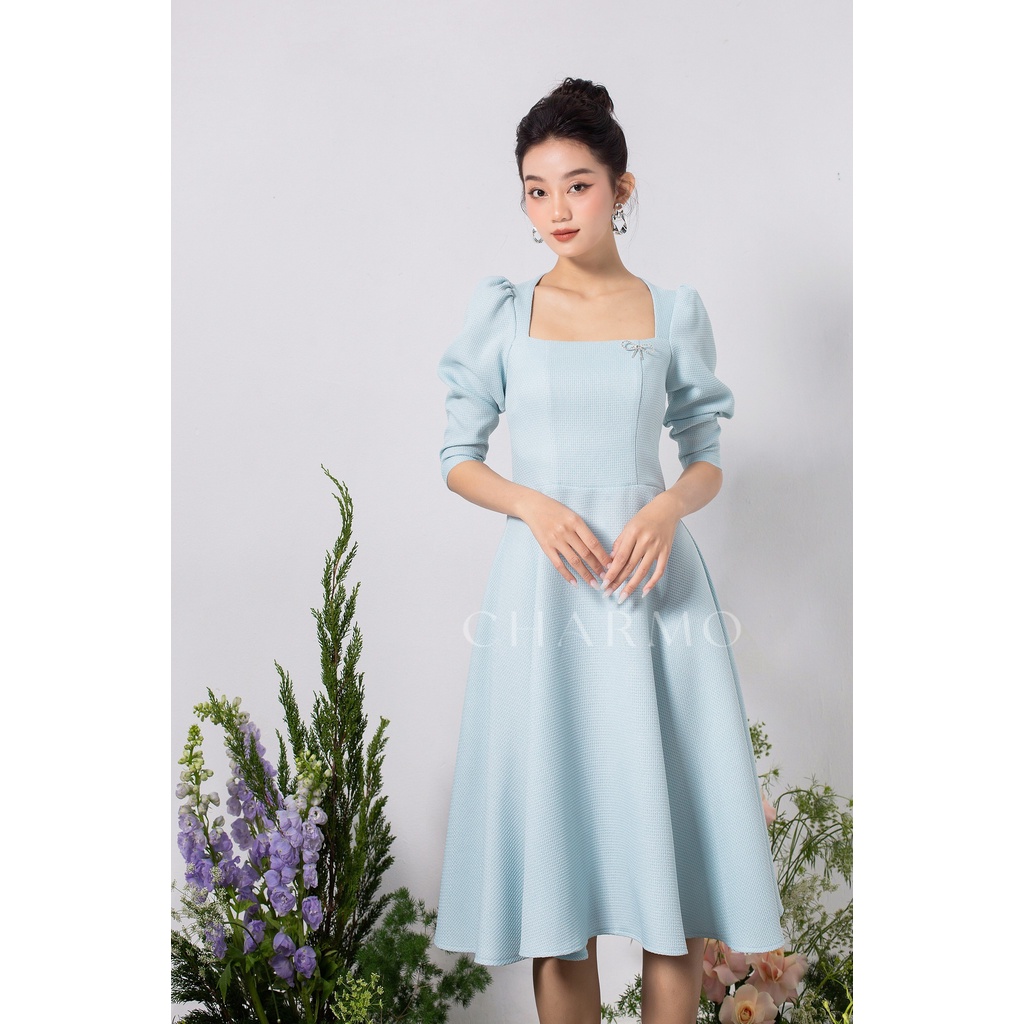 Đầm thiết kế CHARMO cổ vuông tay phồng dài form dáng xòe vải cotton bố Ruffle Lily Dress