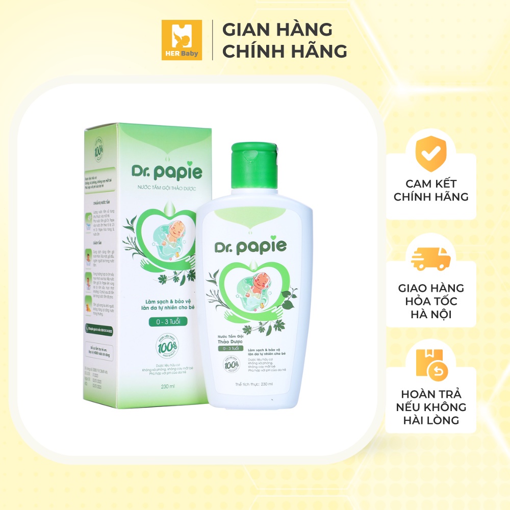 Nước tắm gội thảo dược Dr.Papie 230ml Diệt khuẩn, giảm rôm sảy, mụn nhọt, nhiễm trùng da cho trẻ nhỏ - Herbaby