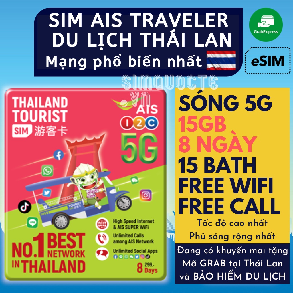 Sim du lịch Thái Lan AIS TRAVELER 15GB tốc độ 5G trong vòng 8 ngày