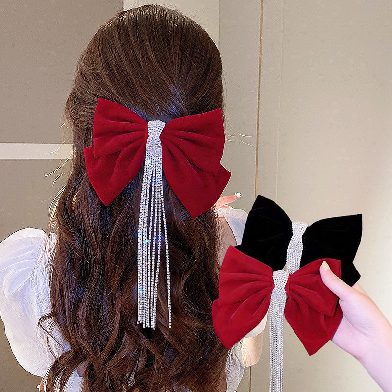 Kẹp Tóc Nơ Tua Rua Đính Đá Lấp Lánh Thời Trang Cho Nữ