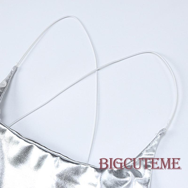 [] - Đầm Mini Hai Dây Màu Trơn Ôm Dáng Xẻ Tà Ánh Kim Lấp Lánh Cho Nữ