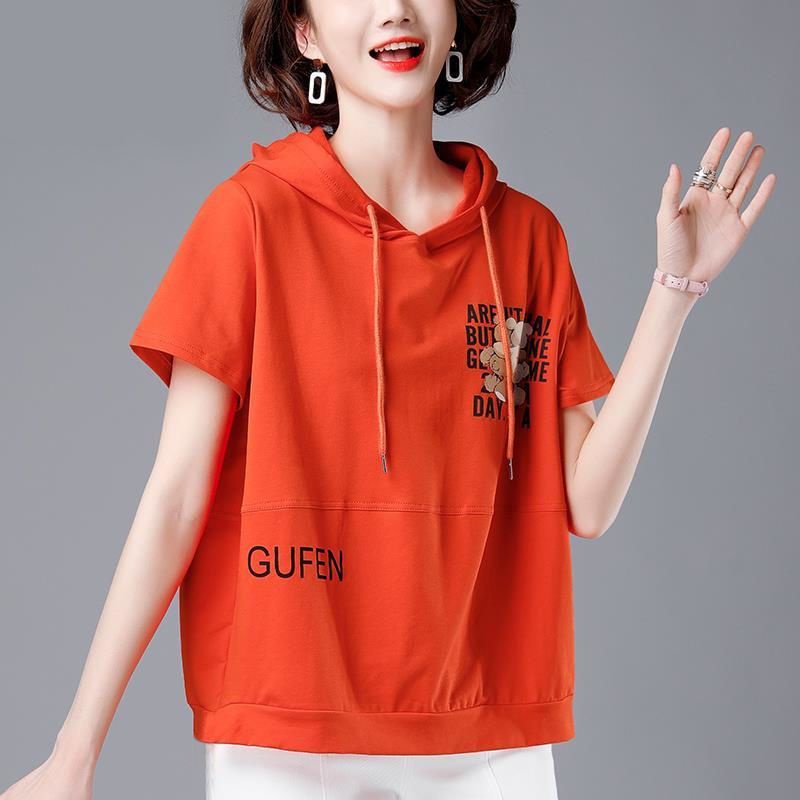 Áo Thun Cotton Có Mũ Tay Ngắn Dáng Rộng Plus Size Thời Trang Mùa Hè 2023 Cho Nữ