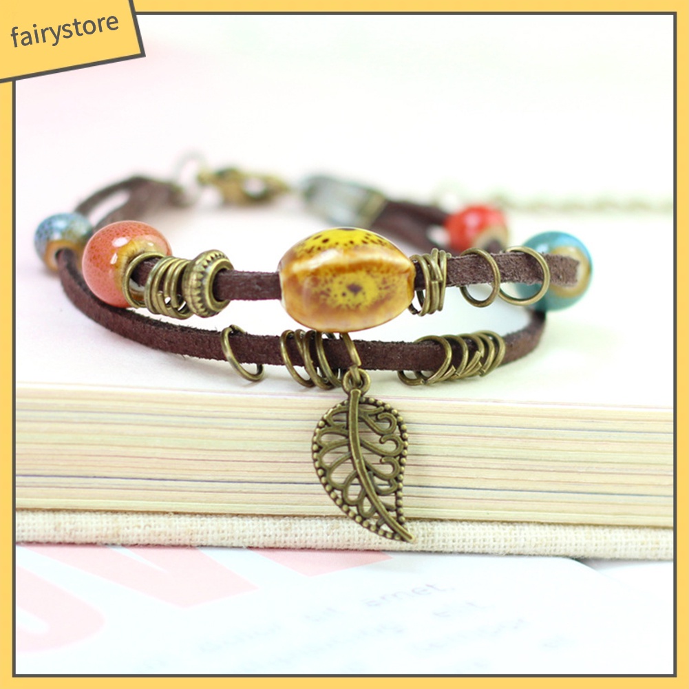 Vòng Tay Da Giả Hai Lớp Đính Hạt Và Lá Sứ Phong Cách Bohemian Fairy1 [Fairy1] Cho Nữ