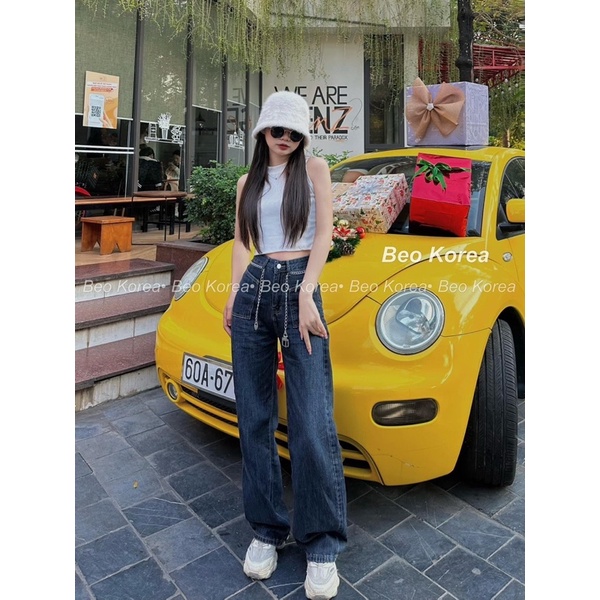 Quần jeans ống rộng suông kèm dây xích #3188