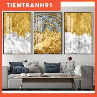 Tranh treo tường | Tranh bộ 3 bức trừu tượng luxury Modern art gorgeous abstract gold foil crystal marble