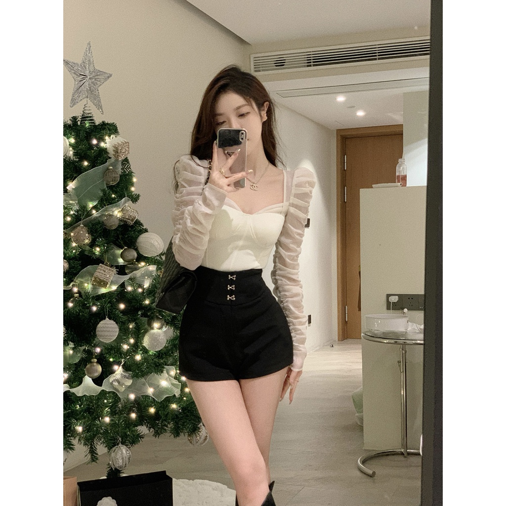 Bộ Áo Sơ Mi + Quần Short Lưng Cao Thời Trang Mùa Xuân 2023 Phong Cách Mới Cho Nữ