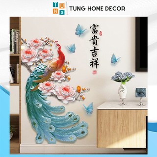 Decal dán tường hàn quốc trang trí phòng ngủ tung decor sk9386 con công xanh