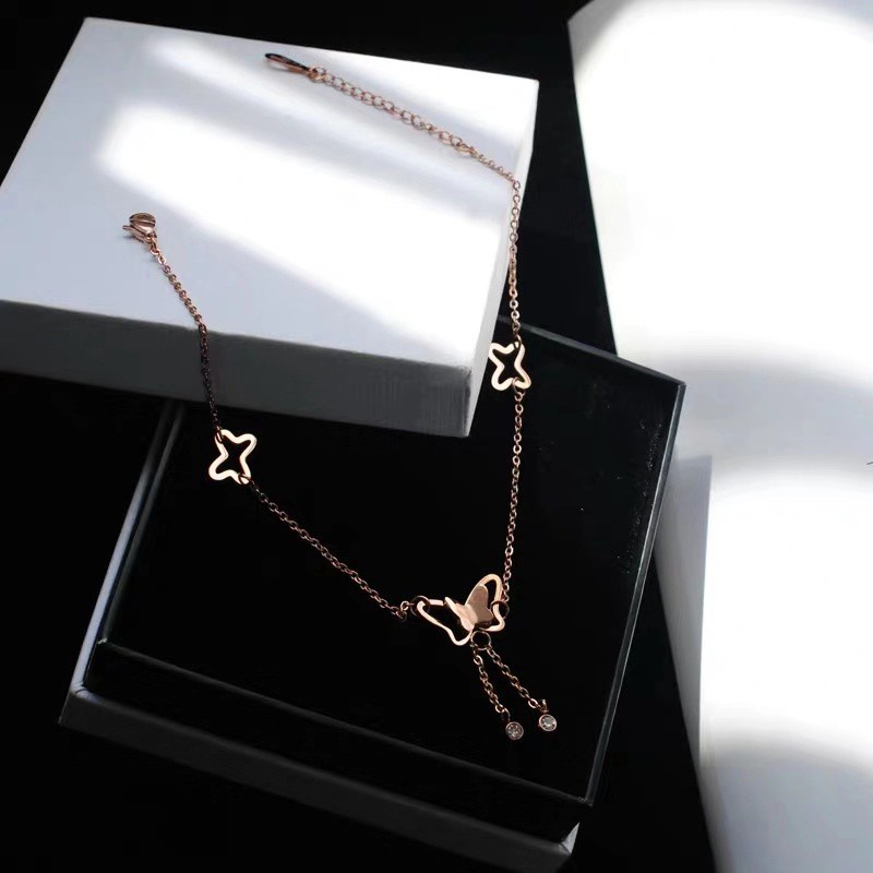 Vòng Tay / Lắc Chân Bằng Thép Titanium Mạ Vàng Hồng 18K Phối Tua Rua Phong Cách Hàn Quốc Ngọt Ngào Thời Trang Cho Nữ