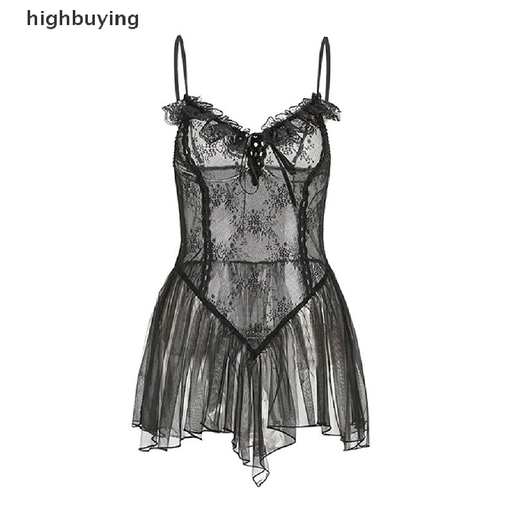 Đầm Ngủ Hai Dây Phối Ren Màu Đen Phong Cách Lolita Gợi Cảm Cho Nữ