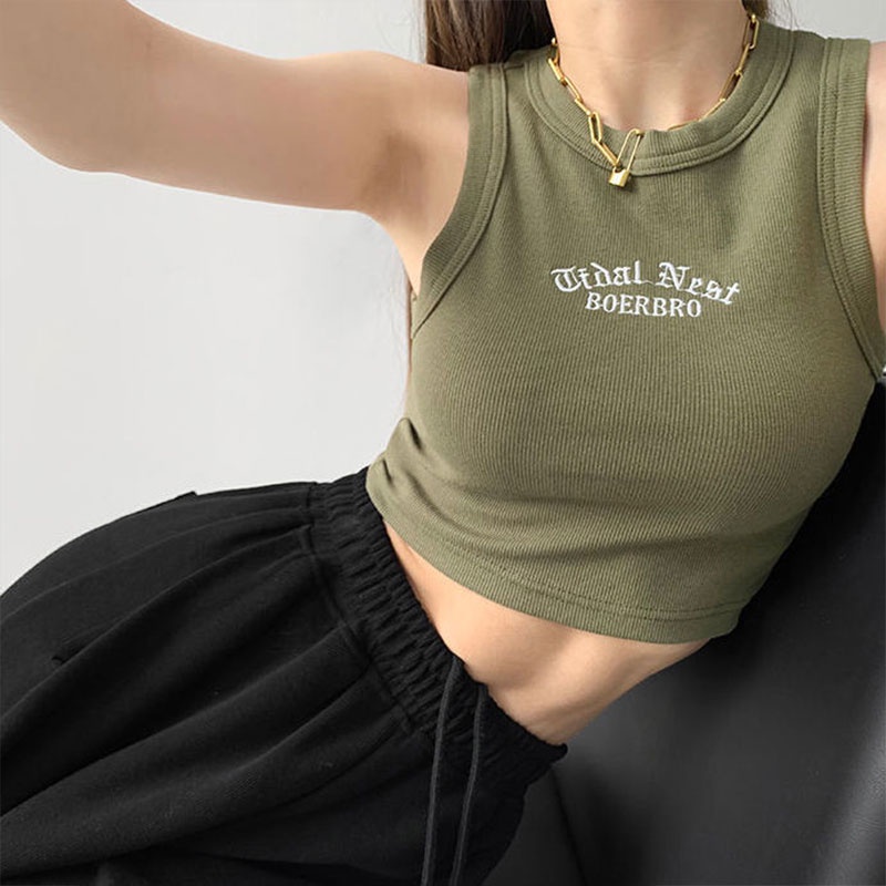 Nevaeh Áo tank top Ngắn Không Tay Thêu Hình Gợi Cảm Mặc Bên Trong Mùa Hè Nóng Bỏng Cho Nữ áo croptop