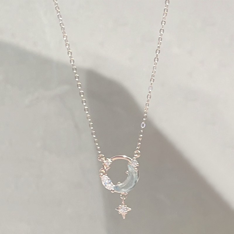 Vòng cổ Mặt Trăng Và Ngôi Sao Màu Xanh Dương Đơn Giản Phong Cách Hàn Quốc Cho Nữ