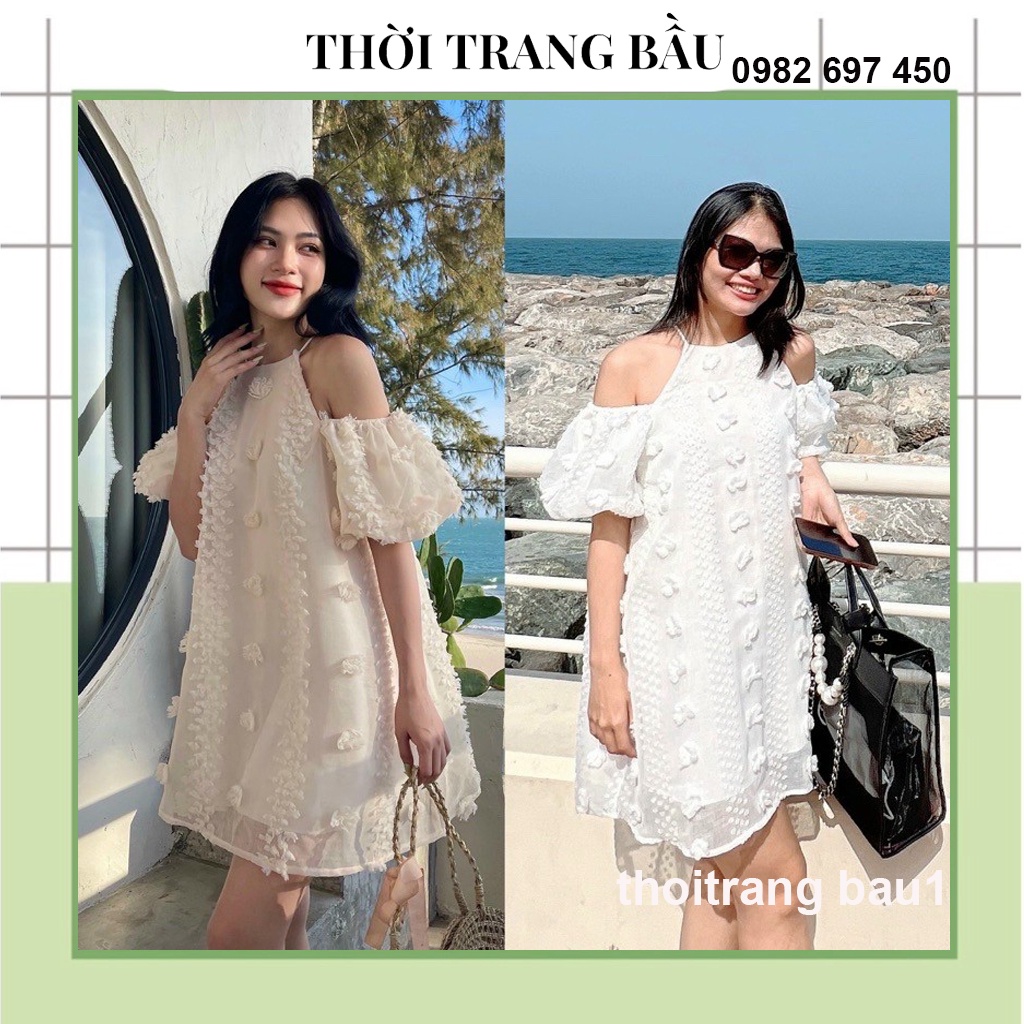 [thoitrangbau1 V258] VÁY BẦU MÙA HÈ ĐI BIỂN, DỰ TIÊC-ĐẦM BẦU THIẾT KẾ BABAYDOLL REN HOA NỔI KHOÉT VAI XINH XẮN SANG