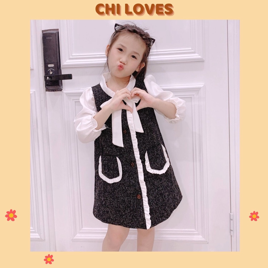 Váy dạ tếch cho bé gái thiết kế dài tay CHI LOVES. Váy đầm cho bé gái thân 2 lớp v58