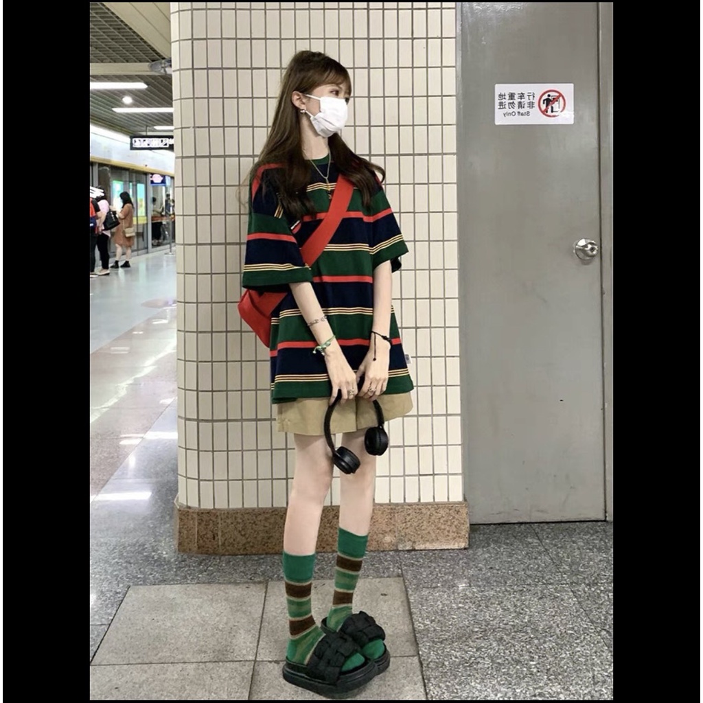 Bộ Thun Kẻ Đen Quần Short Nữ [FREESHIP]  Set áo phông tay lỡ kèm quần đùi kaki form oversize Ulzzang