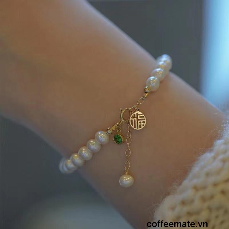 【coffeemate】⚡Vòng tay đính hạt ngọc trai may mắn, lắc chuỗi đeo tay phong cách Trung Hoa cho nữ