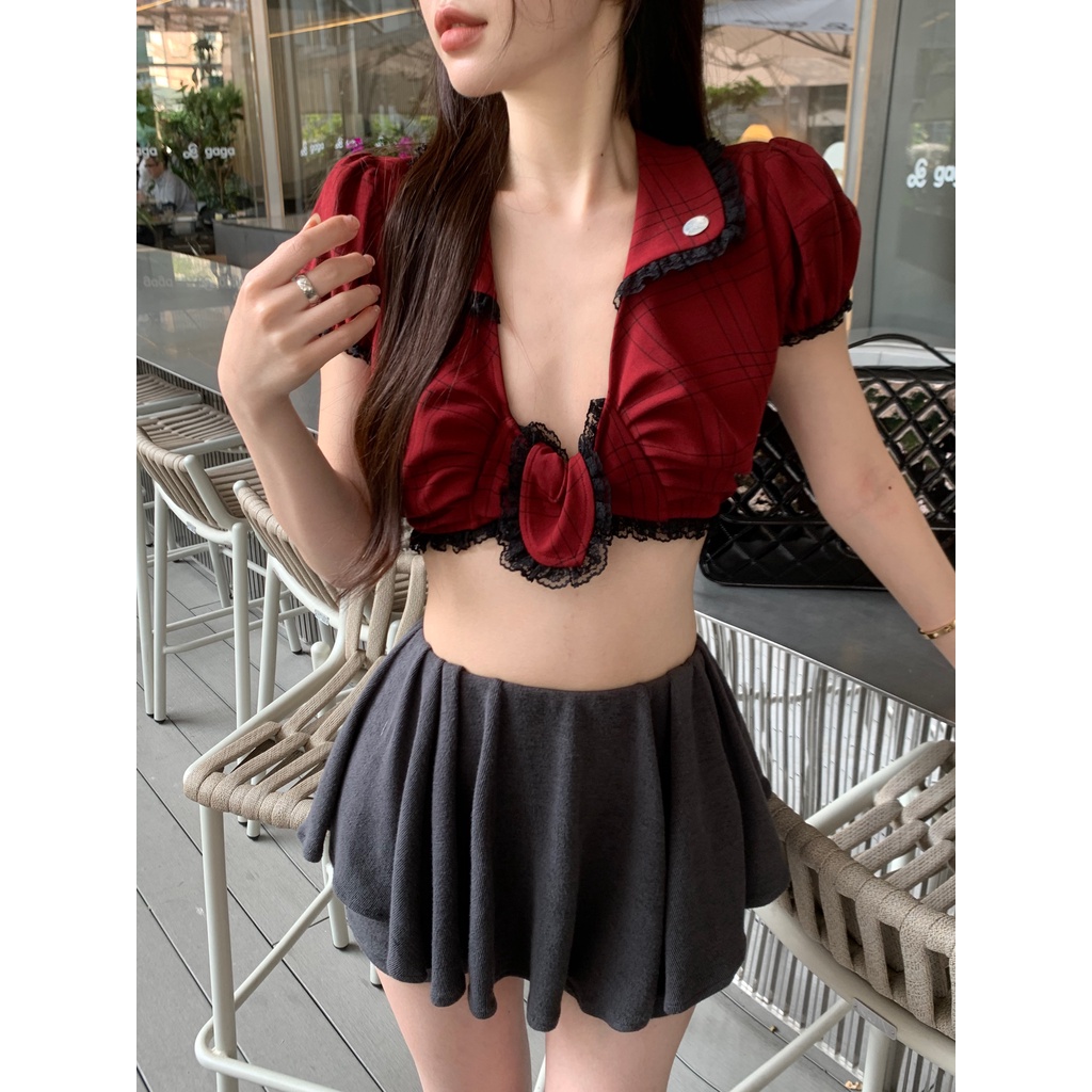 「Nonfatgirl」Tiancai Ngon Ngọt Áo Sơ Mi Nhỏ Phối Ren Và Chân Váy Ngắn Kẻ Sọc Caro Đỏ Riêng Biệt Mua Sắm Cho Nữ