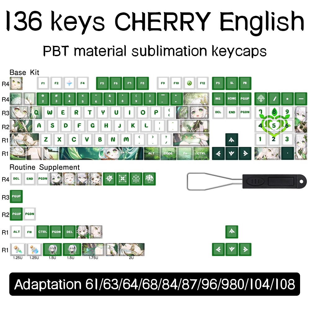 Genshin Impact Nahida Keycap PBT 136pcs Cherry Profile Set 136 Nút Bàn Phím Cơ Màu Trắng / Xanh Lá In Hình Hoa Anh Đào Xinh Xắn