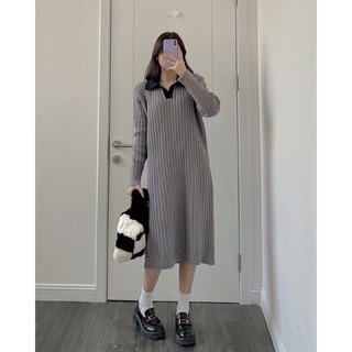 Váy len xám tay bồng dáng dài len siêu dày