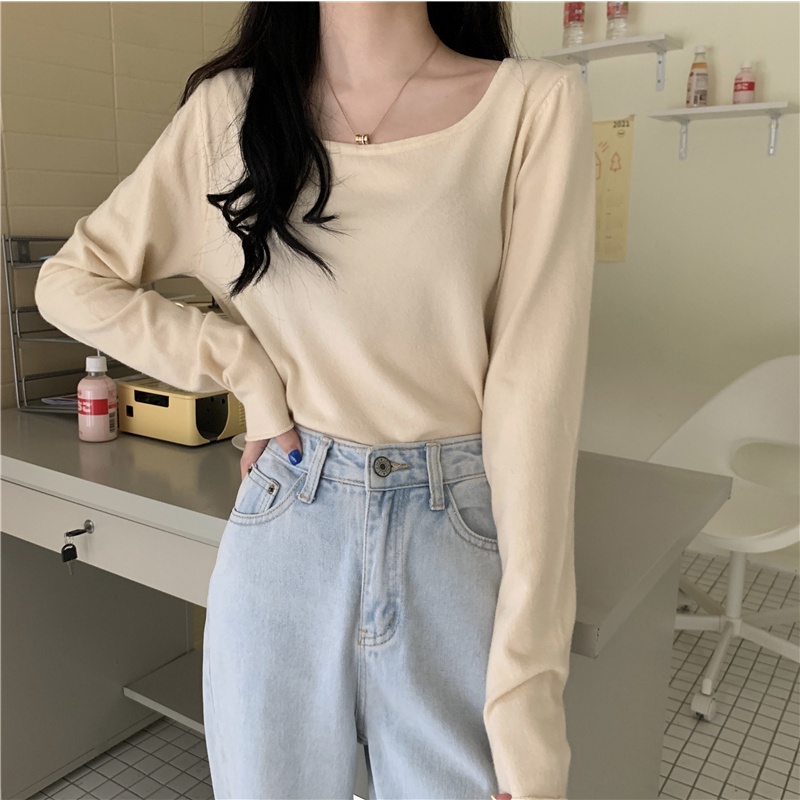 NUZIRO Áo sweater  tay dài cổ chữ U thời trang xinh xắn cá tính