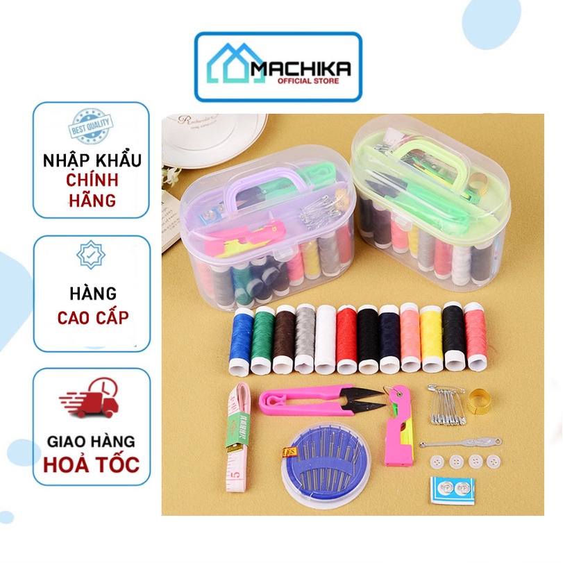 Hộp kim chỉ may vá nhiều món kèm hộp đựng trong suốt thêu đa năng tiện dụng - Machika 15HKC