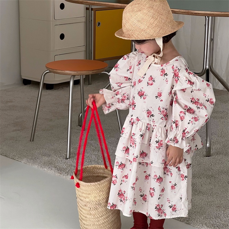 Đầm Cotton Hoa Đỏ Tay Phồng Phong Cách Hàn Quốc Thời Trang Mùa Xuân Mới 2023 Dành Cho Bé Gái