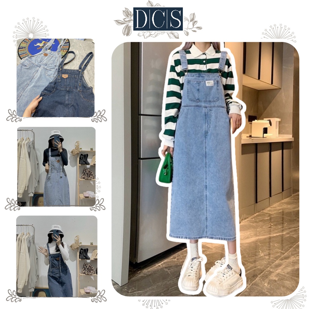 Váy yếm jean nữ phối túi lớn trước ngực, Váy yếm bò dáng dài chất denim dày dặn không co giãn 2 màu Xuongmaydcs