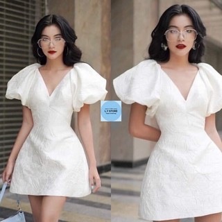 Ảnh thật cuối Váy gấm xốp cổ V tay bồng kiểu dáng hàn quốc tiểu thư bánh bèo dễ thương sang chảnh đầm dự tiệc công chúa