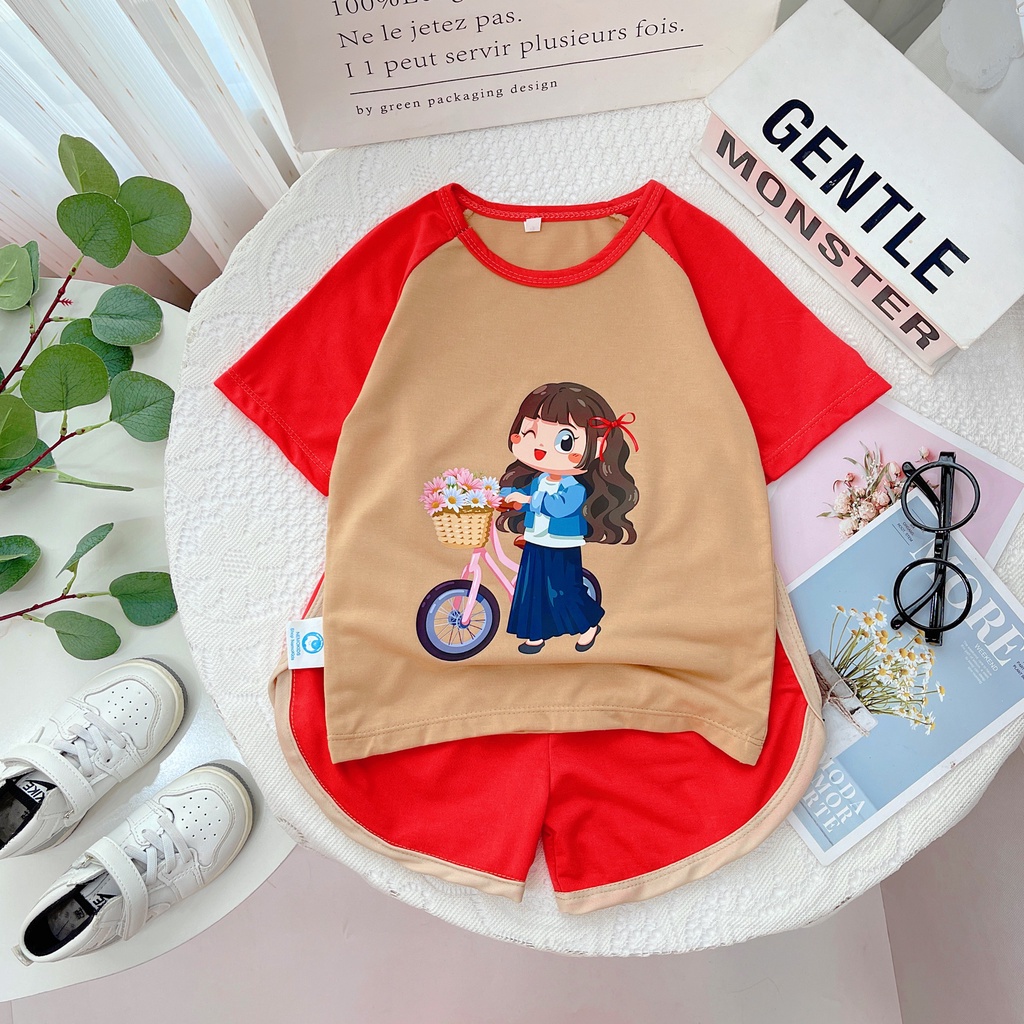 Bộ đồ bé gái-in BÉ GÁI XE ĐẠP-,chất vải thun co giãn 4 chiều từ 10kg đến 25kg-4BAO