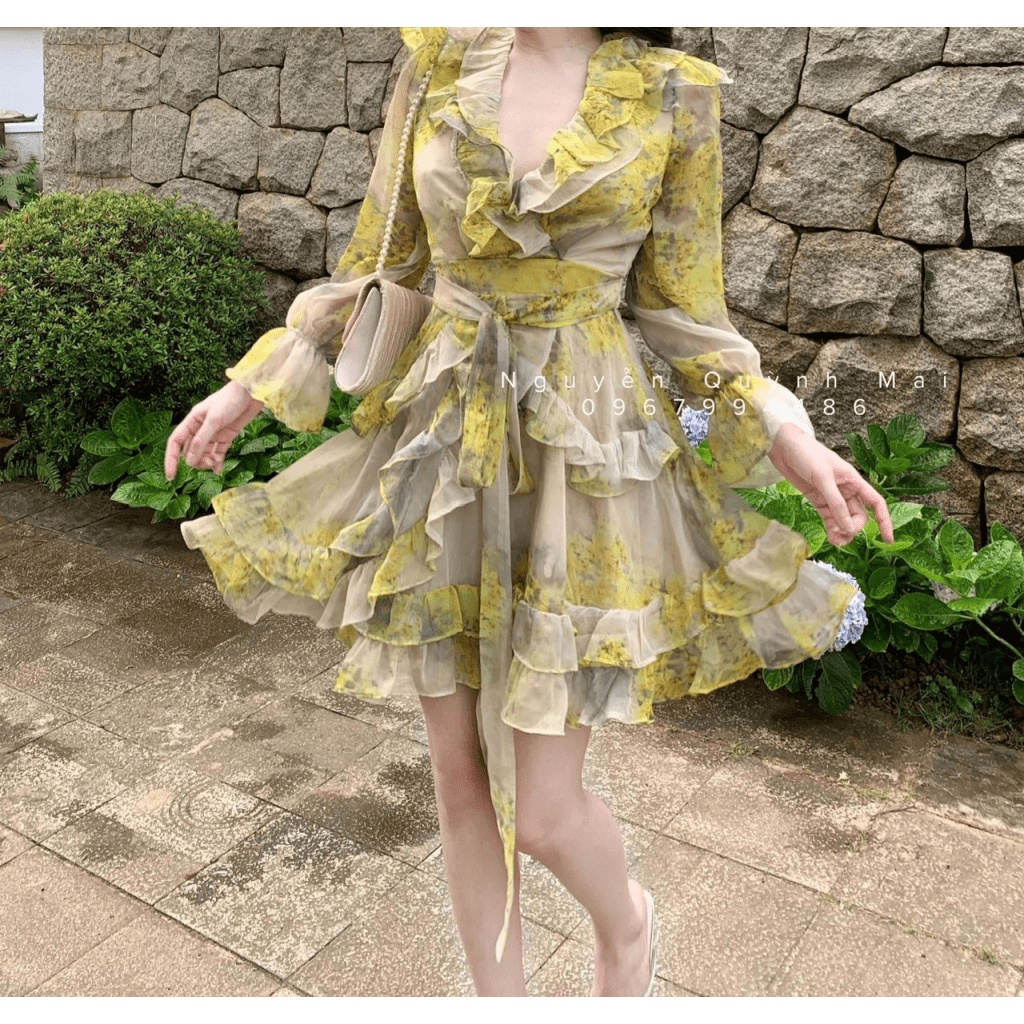 SALE KHỦNG CHO MỌI NHÀ -ĐẦM VOAN TAY DÀI CỔ CHỮ V ÔM EO DÁNG XÒE VẢI HOA LÁ CỰC HÒA MÌNH VỚI THIÊN NHIÊN UP  SHOP HHP FA