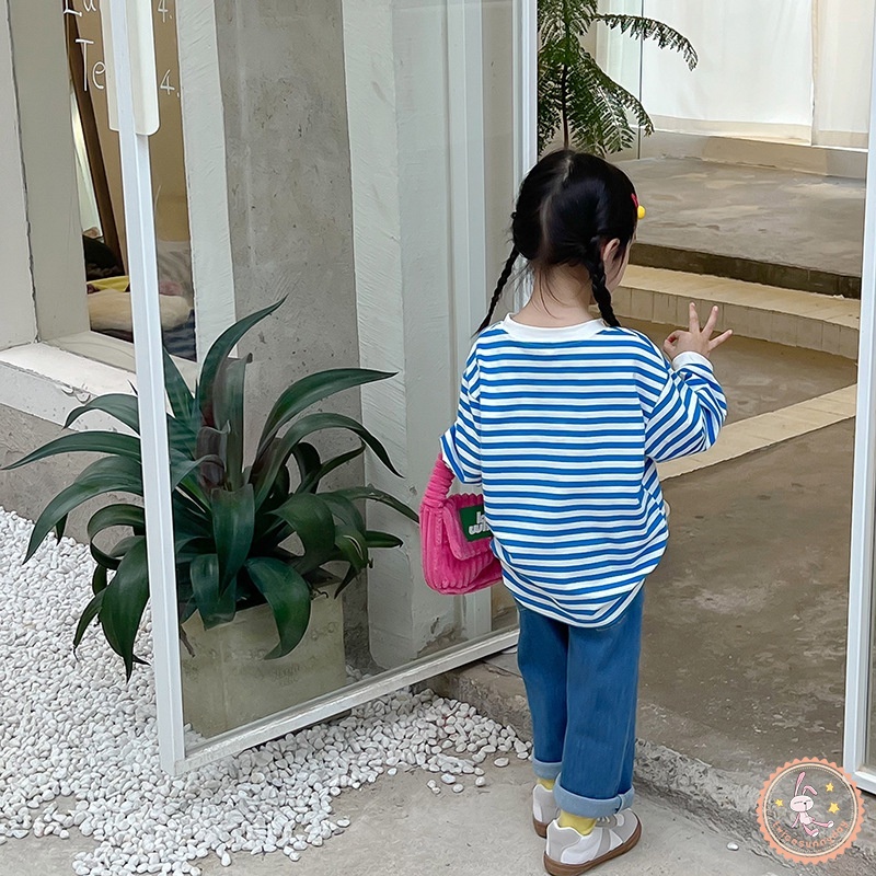 Áo Thun Tay Dài Họa Tiết Kẻ Sọc In Chữ Thời Trang Mùa Thu Cho Bé Gái