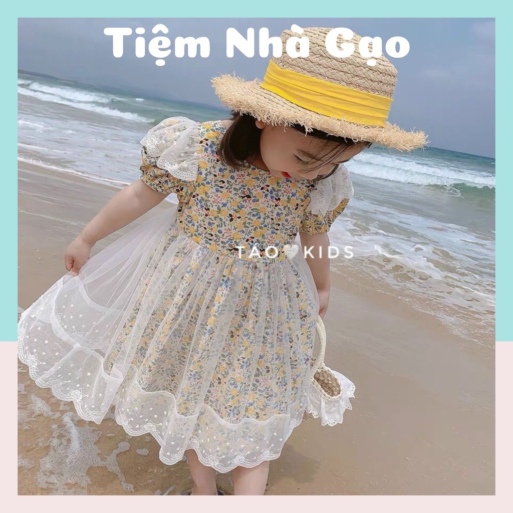 Đầm Váy Hoa Nhí Phối Ren Tay Phồng Dáng Xòe Cho Bé Gái