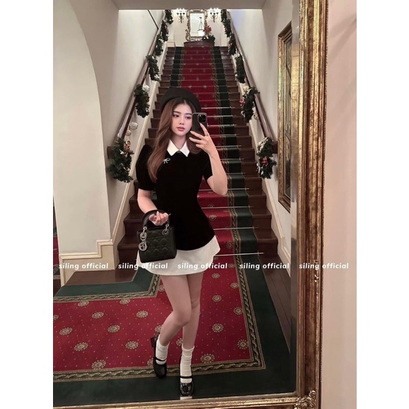 Set áo cổ pha tag nơ đá mix chân váy