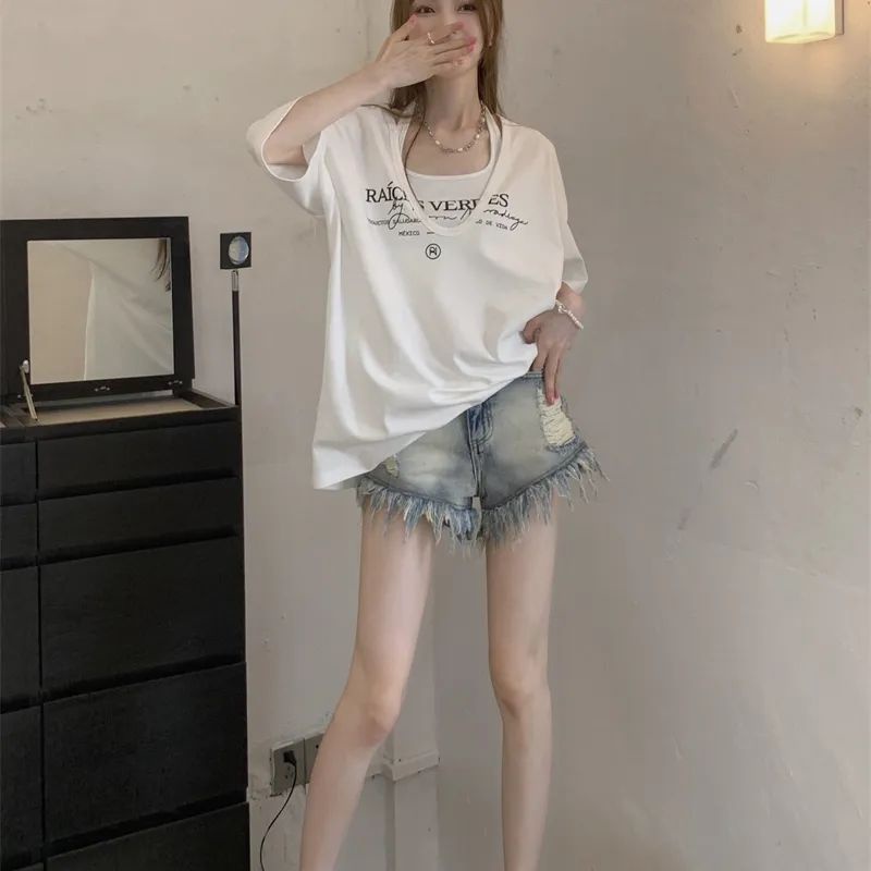 COZOK Set Áo Thun Tay Ngắn Cổ Yếm + Áo Thun Tay Ngắn Dáng Rộng In Hoạ Tiết Đơn Giản Trẻ Trung