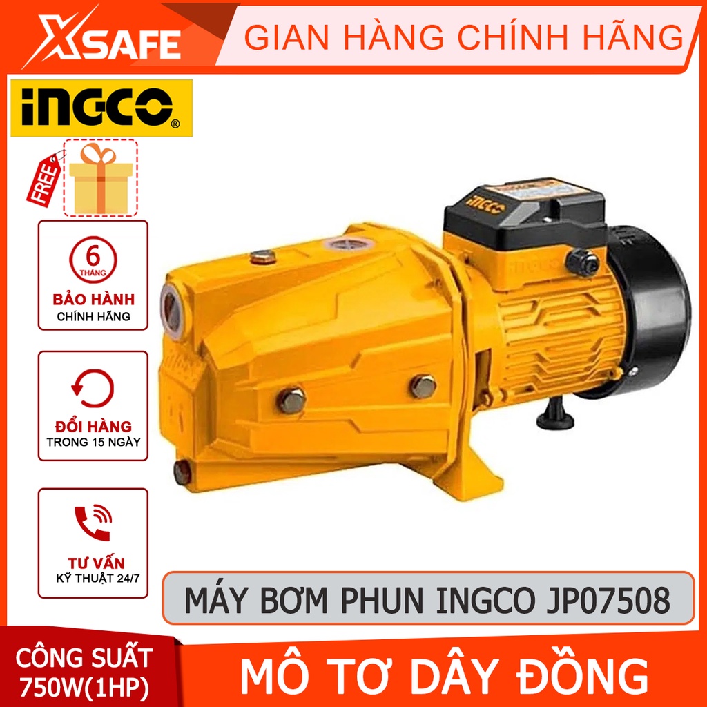 Máy bơm phun INGCO JP07508 Máy bơm đẩy xa công suất 750W(1HP), chiều cao bơm tối đa 51 m, hút/bơm sâu tối đa 9m - XSAFE