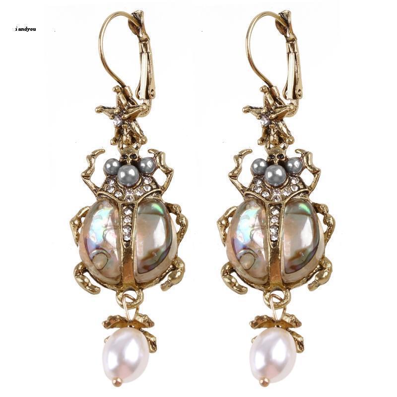 ✿ Khuyên Tai Dạng Lủng Lẳng Mặt Bọ Cánh Cứng Hạt Ngọc Trai Tự Nhiên Abalone