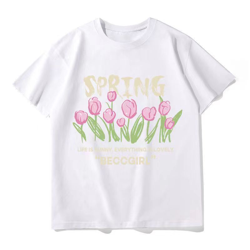 Áo thun COZOKC ngắn tay dáng rộng in hình hoa tulip thời trang