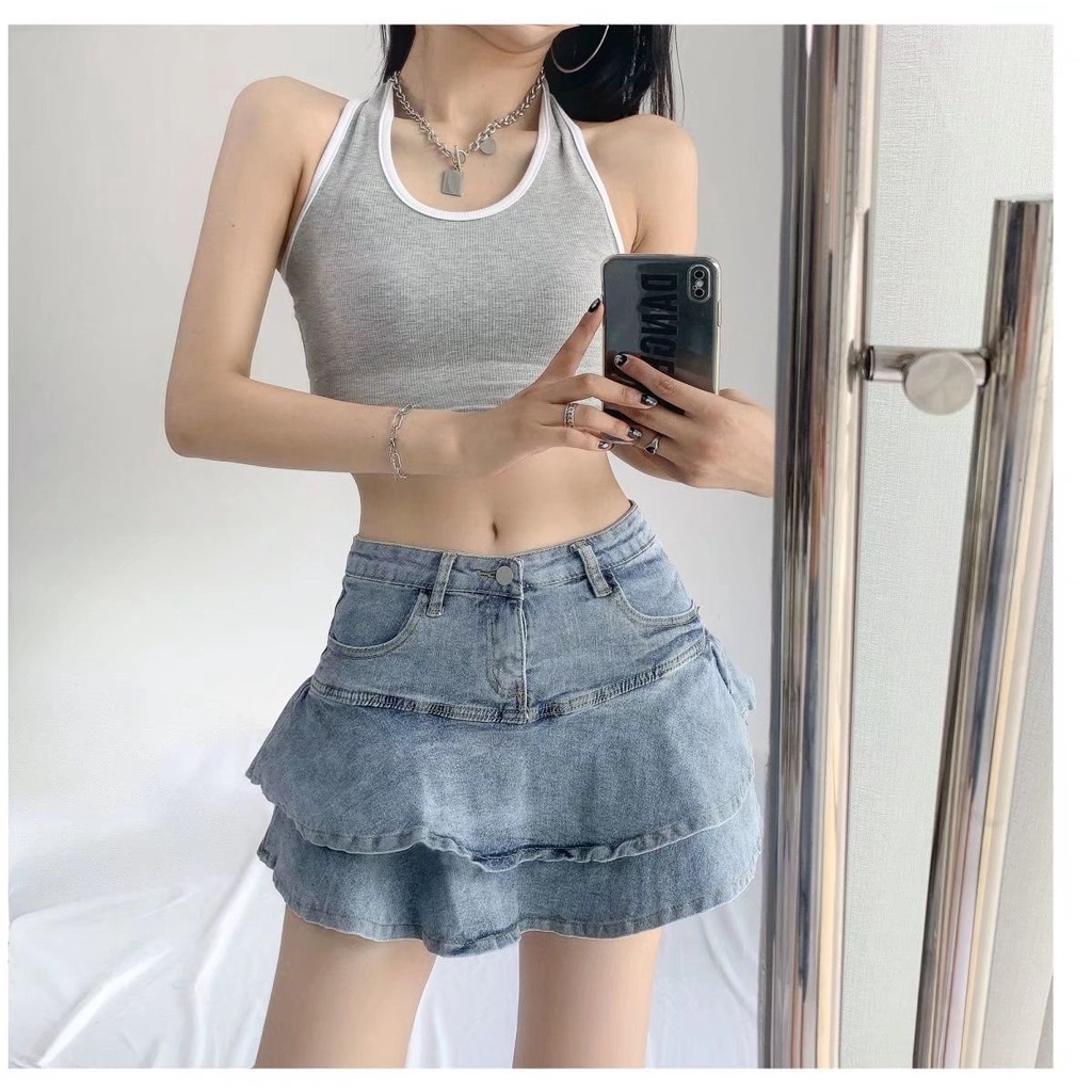 Chân váy jean Chữ A Lưng Cao Giả Hai Lớp Phong Cách Hàn Quốc Mới