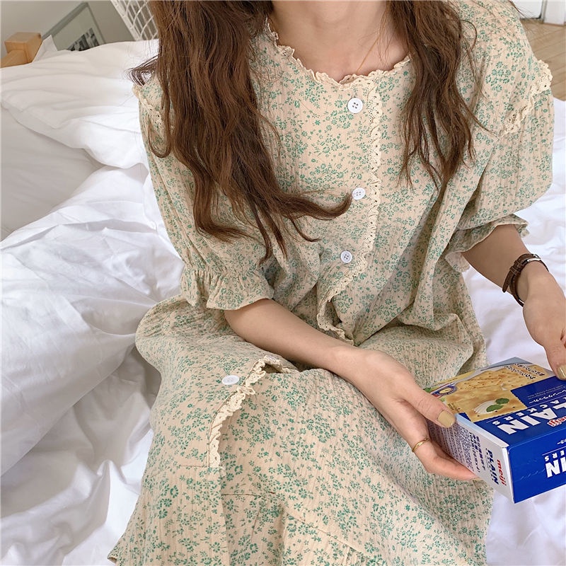 Đầm Ngủ Một Mảnh Tay Ngắn Phối Ren Hoa Phong Cách Hàn Quốc Thân Thiện Với Làn Da