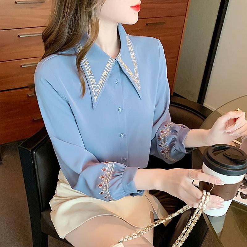 Áo Sơ Mi Chiffon Tay Dài Màu Xanh Dương Phong Cách Pháp Thời Trang Mùa Xuân Mới 2023 Cho Nữ