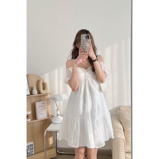 Đầm Babydoll Trễ Vai Mặc Hai Kiểu Chất Lụa Tăm Hai Lớp