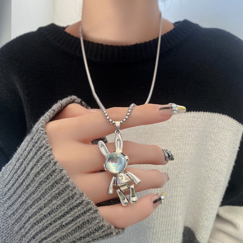 Vòng cổ Mặt Hình Thỏ Bằng Thép Không Gỉ Đính Đá Mặt Trăng Phong Cách Rock Cho Nam Và Nữ
