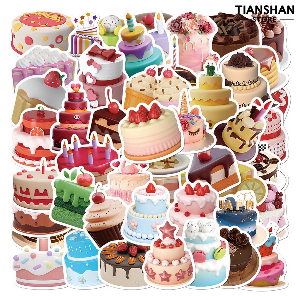 Tianshan Set 50 Sticker 3D Chống Thấm Nước Chống Rách Hình Bánh Kem Sinh Nhật