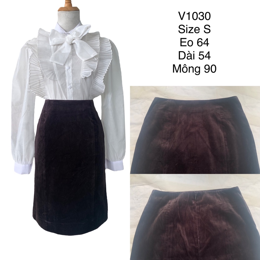 Chân váy bút chì V1030 màu nâu đậm chất nhung mịn dày dặn không lỗi lầm 2hand Nhật si tuyển ảnh thật