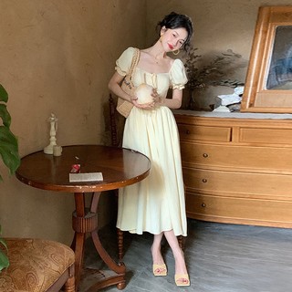 Đầm Tay Phồng Dáng Ôm Màu Sắc Trơn Cột Dây Thời Trang Mùa Hè Pháp Sang Trọng Cho Nữ