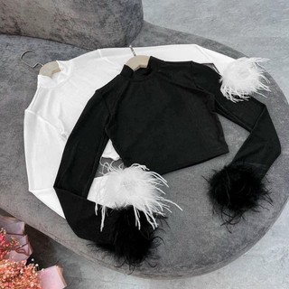 Áo Croptop cổ lọ tay dài phối lông