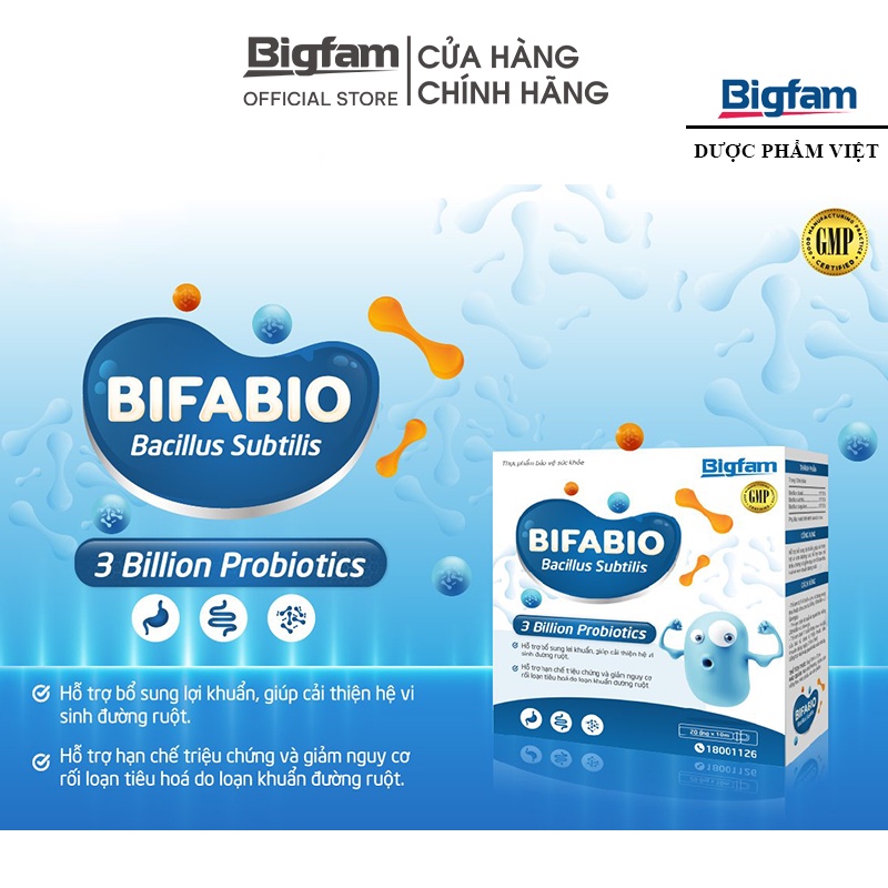 Men vi sinh cải thiện hệ vi sinh đường ruột, bổ sung lợi khuẩn Bifabio Bigfam (Bào từ lợi khuẩn) (Hộp 20 ống x 10ml)
